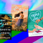 a collage of new queer book covers against a rainbow background
