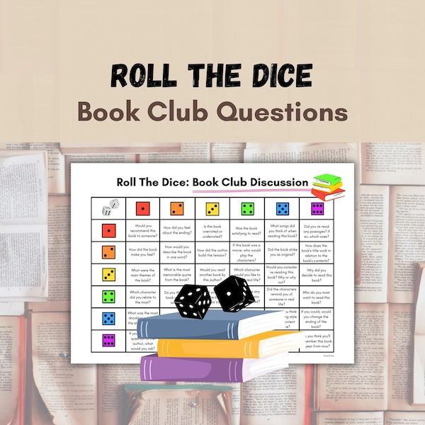 graphic of a sheet containing a grid of book club questions for a roll-the-dice book club discussion guide 
