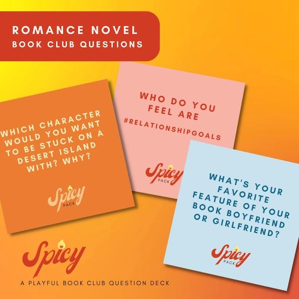 graphics of three square cards containing romance book club discussion prompts