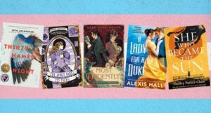 five covers of trans historical fiction books against the blue and pink trans flag