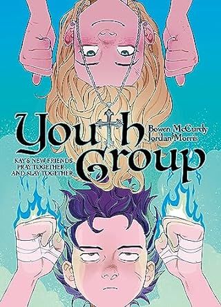 Cover of Youth Group by Jordan Morris and Bowen McCurdy; illustration of two young people at opposite ends of the cover, one with blonde hair and a necklace with a cross, one with purple hair and fire fists