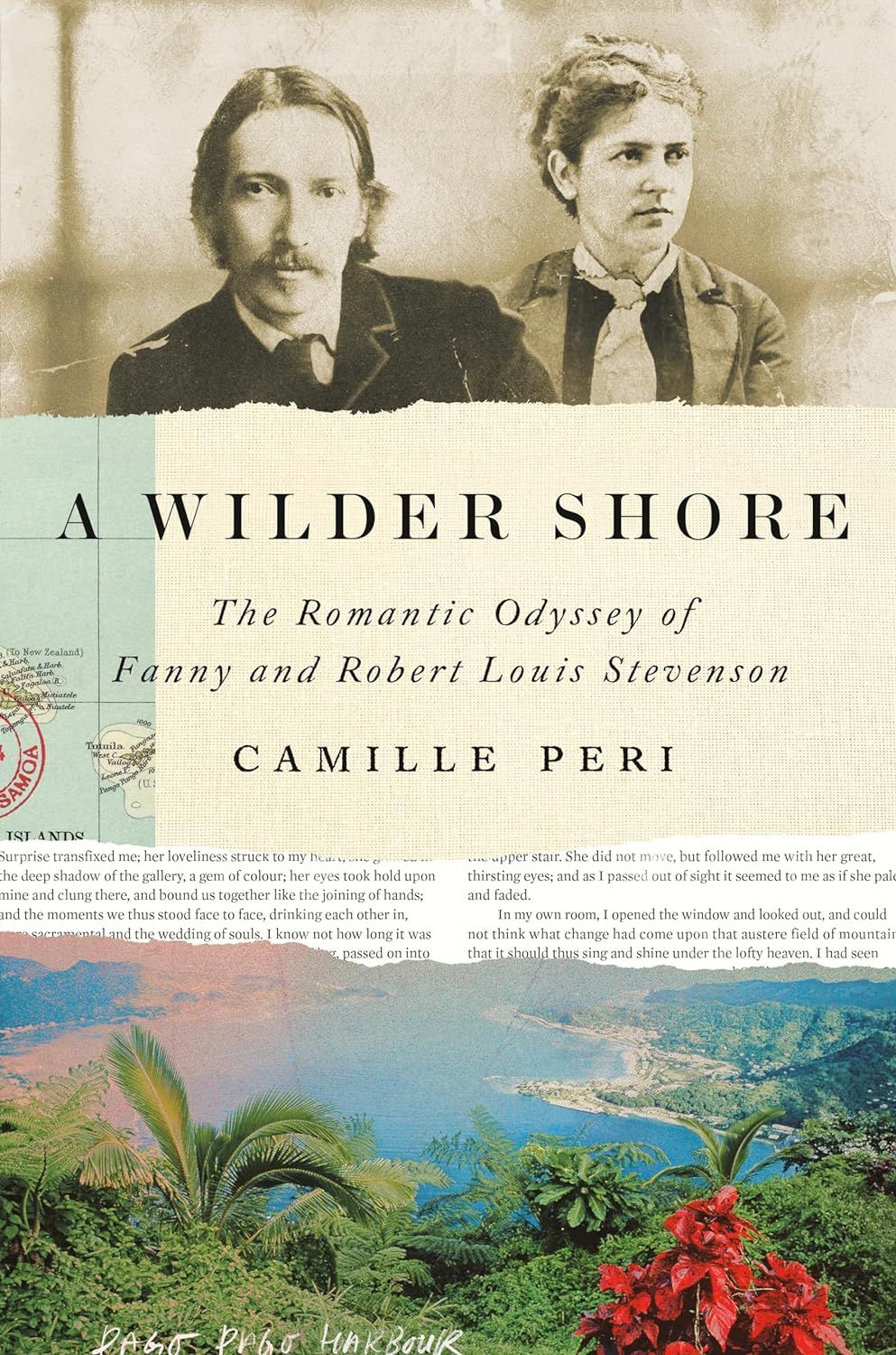 a graphic of the cover of A Wilder Shore: The Romantic Odyssey of Fanny and Robert Louis Stevenson by Camille Perii