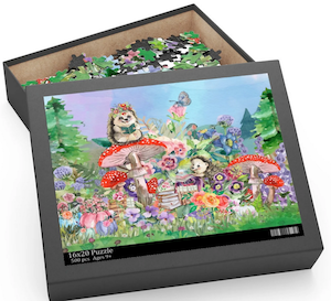a jigsaw puzzle of an illustration of hedgehogs reading books in a mushroom garden