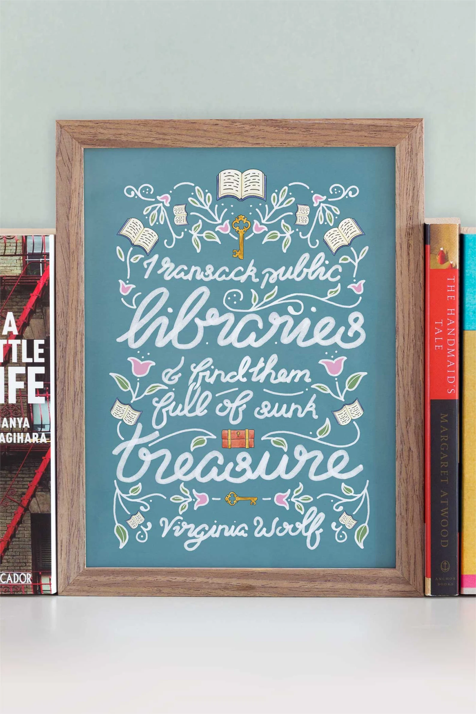 a book themed print with a quote attributed to Virginia Woolf about libraries. 