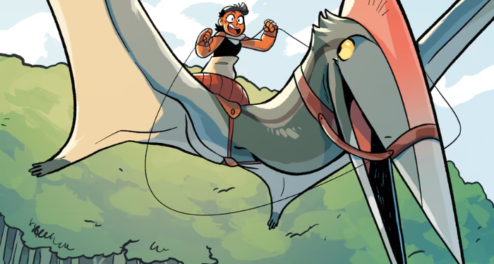 cropped cover of Lost Time showing a kid riding a Pterosaur