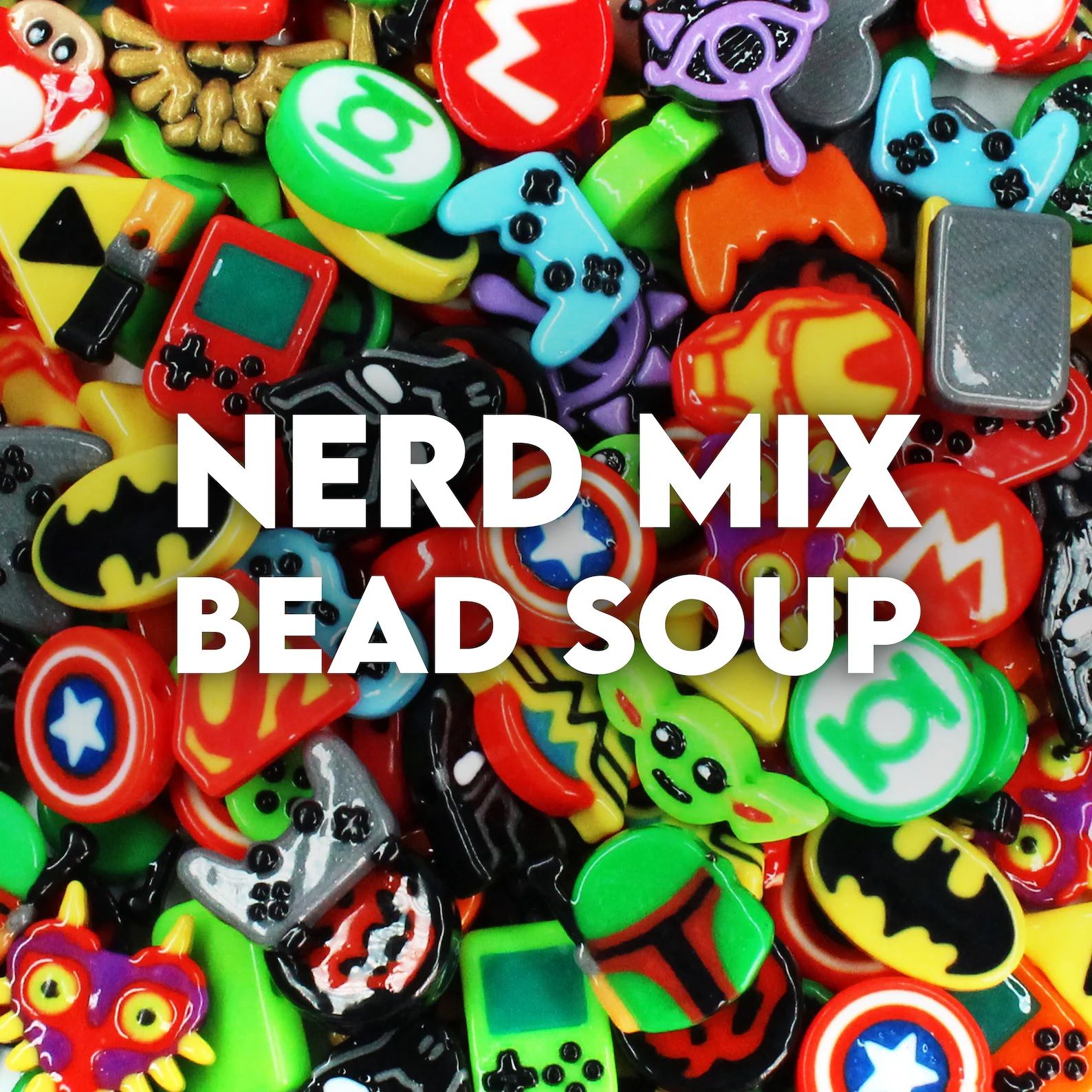 A mix of superhero, Star Wars, and video game-themed beads