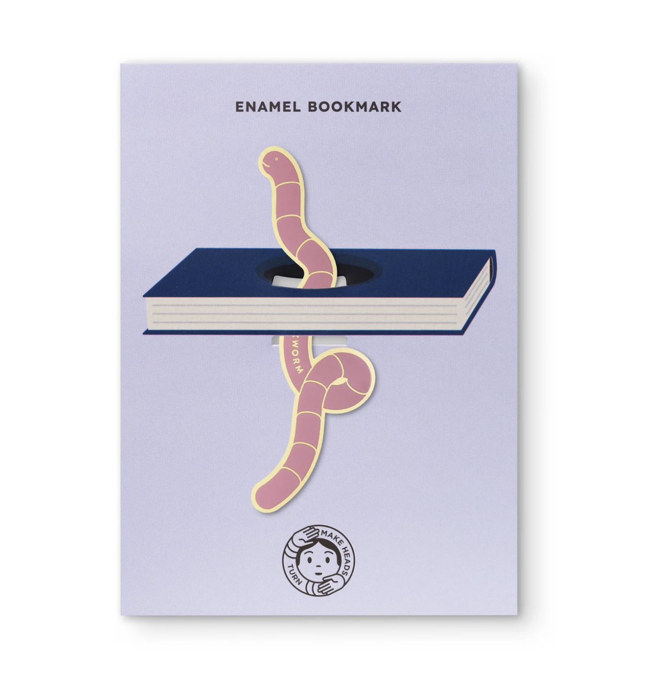 Image of a pink metal worm bookmark poking up through the top of a book.