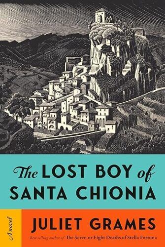 cover of The Lost Boy of Santa Chionia by Juliet Grames; woodcut image of a city on a hill