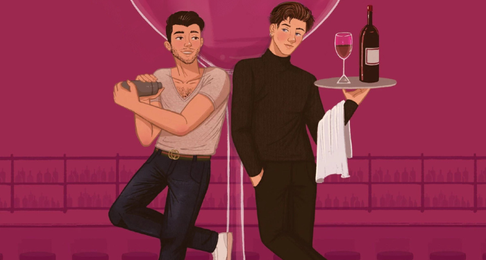 cropped cover of You Had Me at Happy Hour, showing an illustration of a server with a wine bottle looking at a bartender mixing a drink