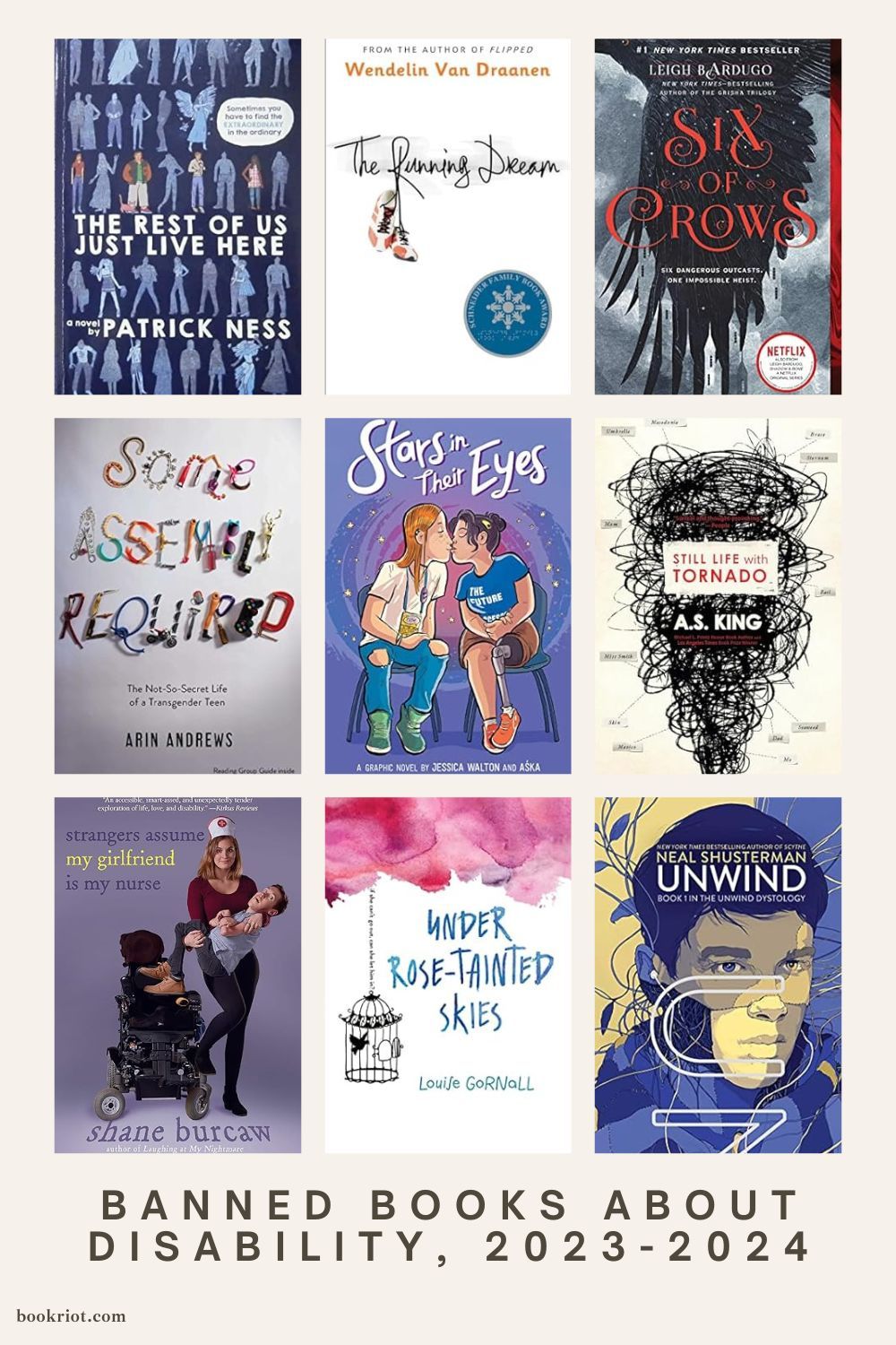 Image of a book cover collage of 9 banned books about disability. Titles of books are in text below the image. 