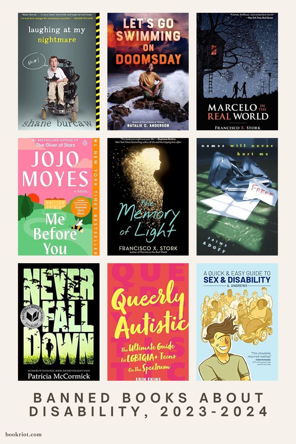 Image of a book cover collage of 9 banned books about disability. Titles of books are in text below the image. 