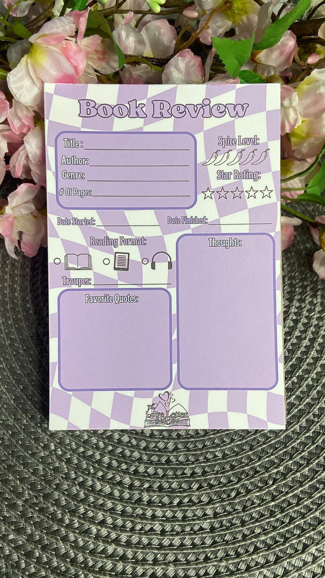 Purple and white book review pad