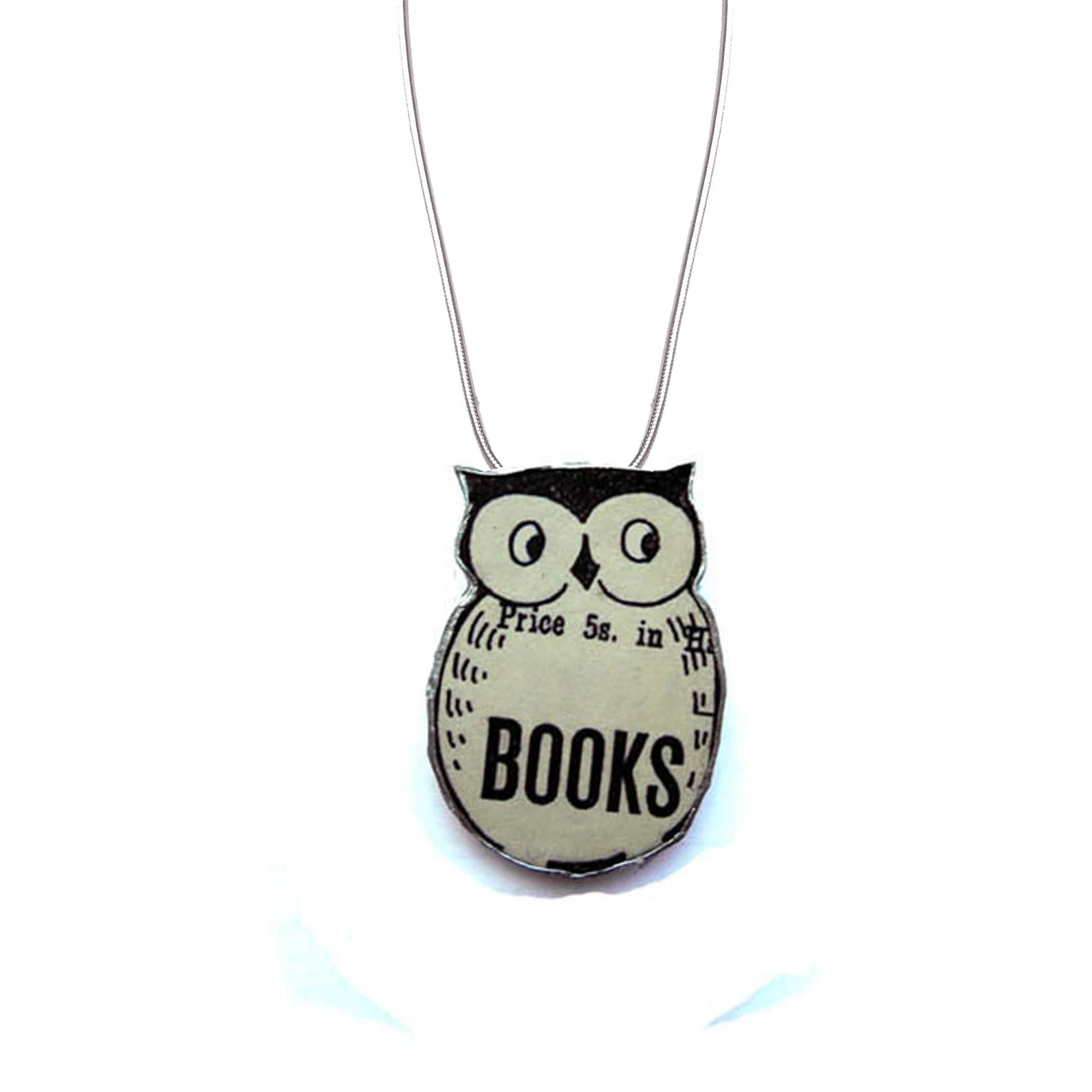 Image of a necklace with an owl on it. The owl's torso says "books."