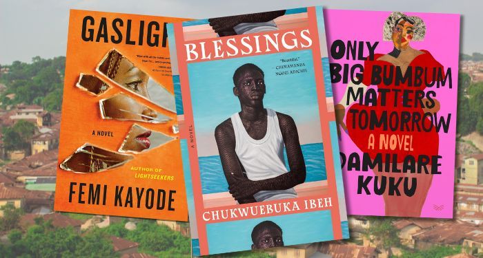 collage of the covers of 3 books set in Nigeria; the background image is a sky view image of the tops of houses in Nigeria