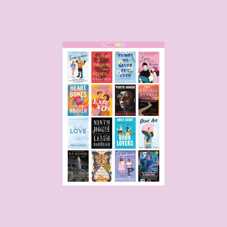 Twelve miniature book covers on a pink background