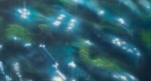 cropped cover of Dancing On My Own: Essays on Art, Collectivity, and Joy by Simon Yu. The cover features a painting by artist Leon Xu called "Every Little Kiss" of light refracting off blue and green water