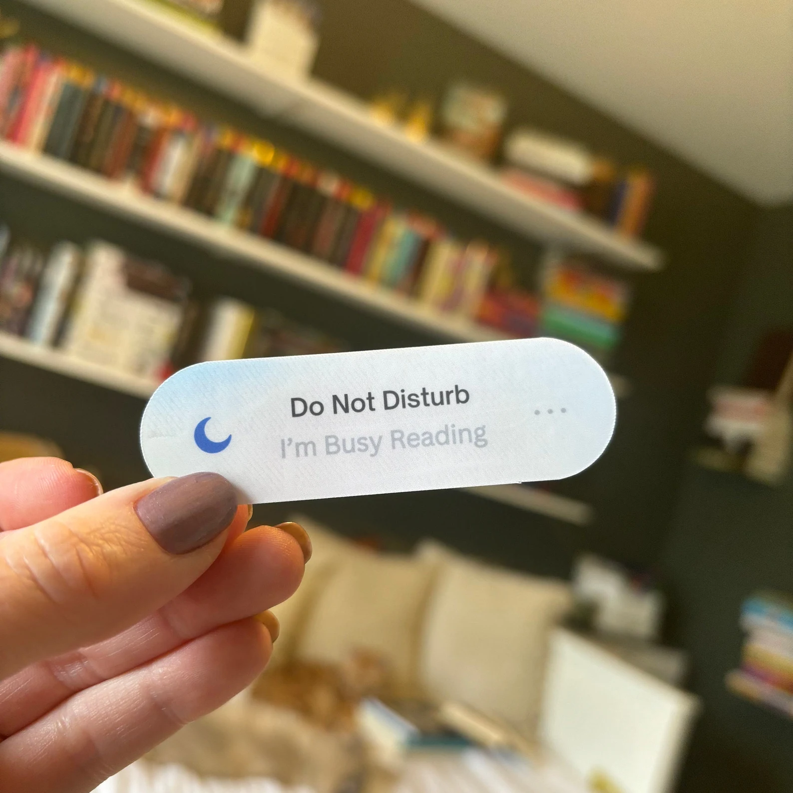 image of a sticker in the design of a do not disturb message. The sticker reads "do not disturb. I'm busy reading."