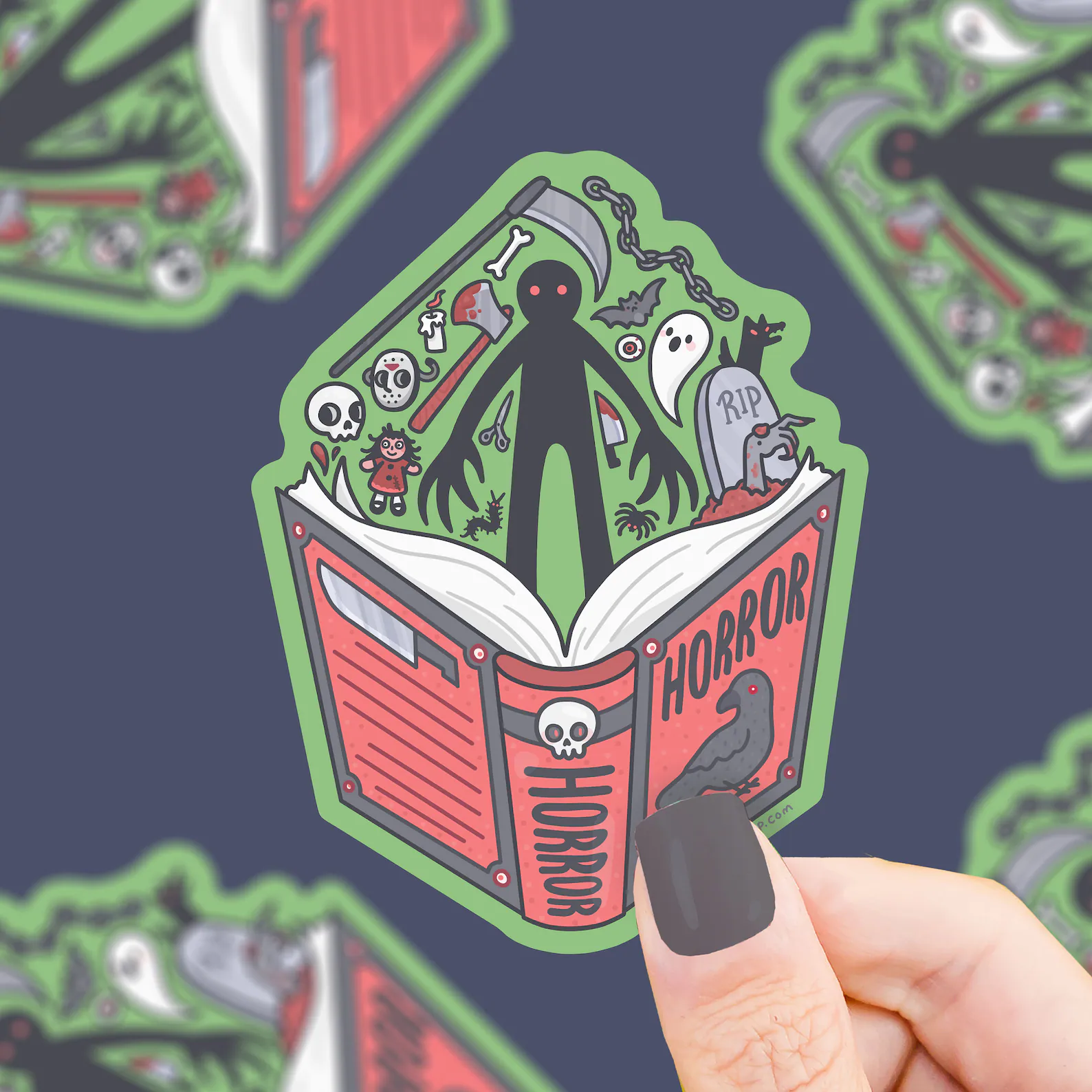 image of a sticker that is in the shape of a book called "horror." It has all kinds of horror iconography coming out from the top. 