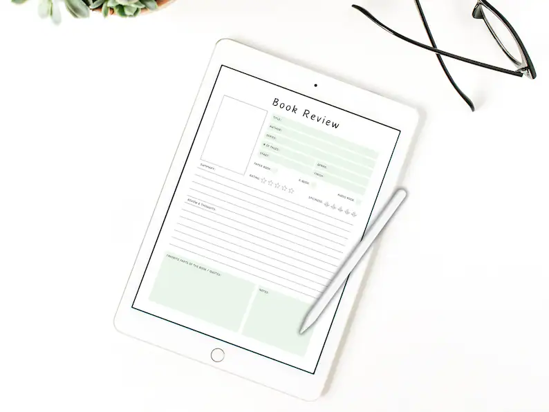 Digital book review template shown on white tablet with stylus