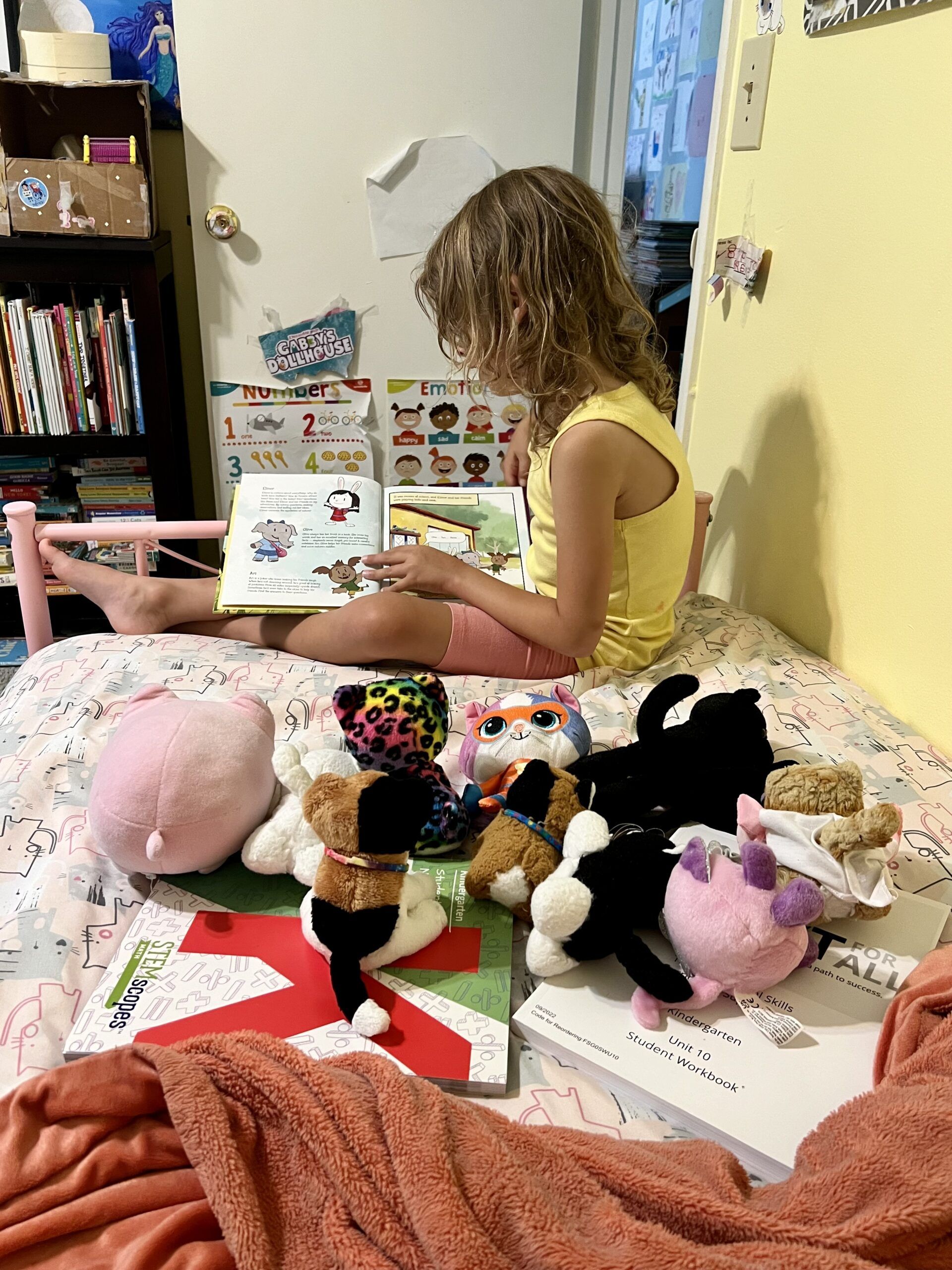 Marian reading to cat stuffies, the kids are all right