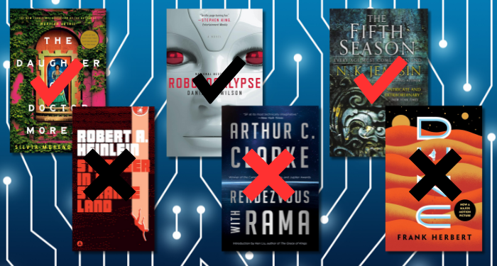 a collage of sci-fi covers with crosses and check marks overlaid
