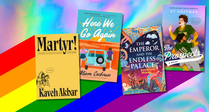 a collage of queer book covers against a rainbow background