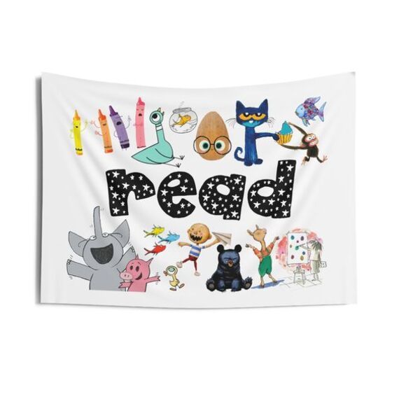 a white rectangular banner with various popular picture book characters including pete the cat and elephant and piggie. There is the world "read" in the middle.