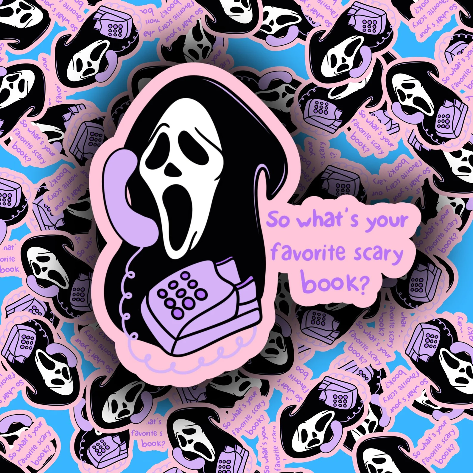 Scream-inspired sticker which says "what's your favorite scary book?"
