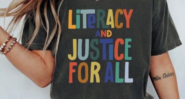 shir that says literacy and justice for all