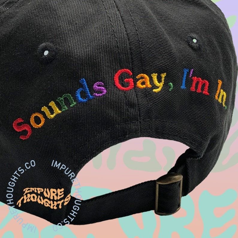baseball hat with "Sounds Gay, I'm In" embroidered in rainbow letters