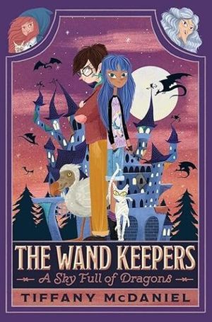 cover of A Sky Full of Dragons by Tiffany McDaniel; illustration of a Black girl with blue hair and a white boy with red hair, standing in front of a castle