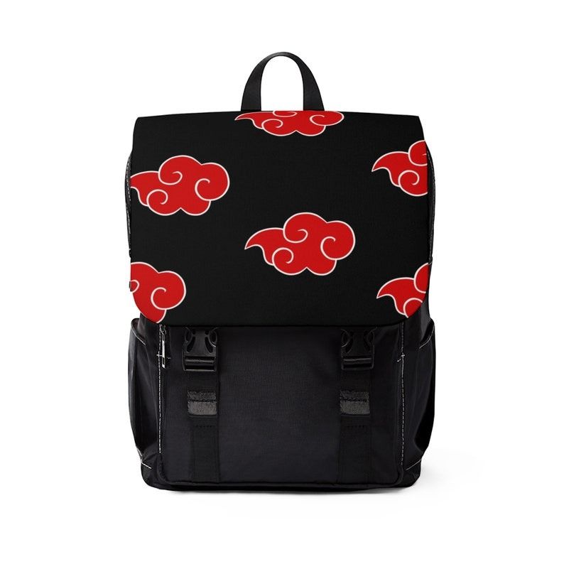 a black backpack covered in anime red clouds