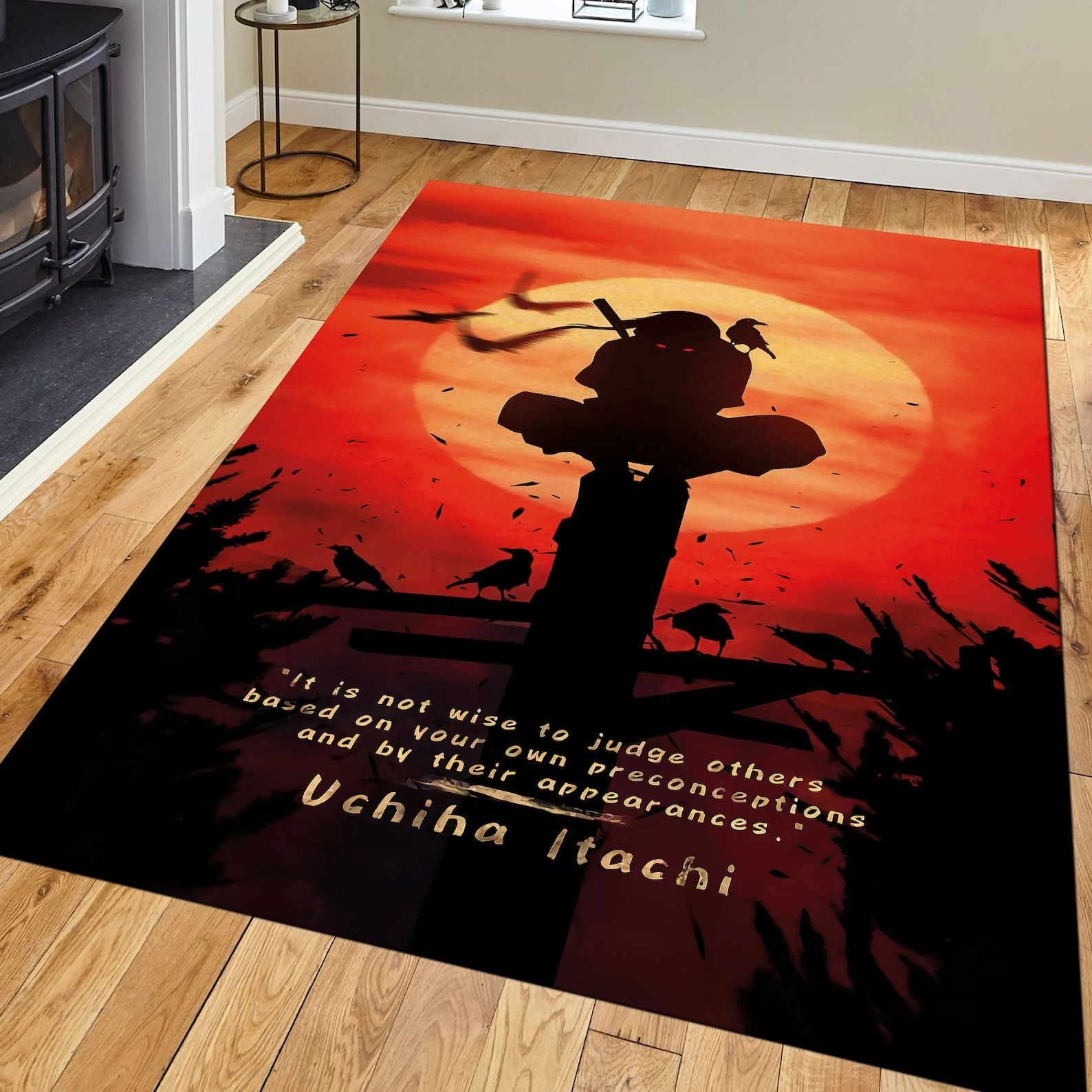 A rug featuring the silhouette of a Naruto character and a quote from the franchise