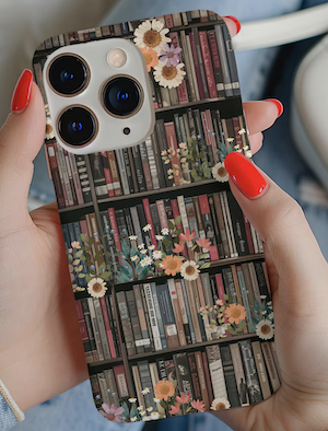 a cell phone case illustrated to look like a library filled with books and flowers