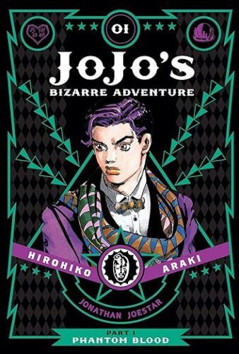 cover of JoJo's Bizarre Adventure by Hirohiko Araki; illustration of young man with black hair