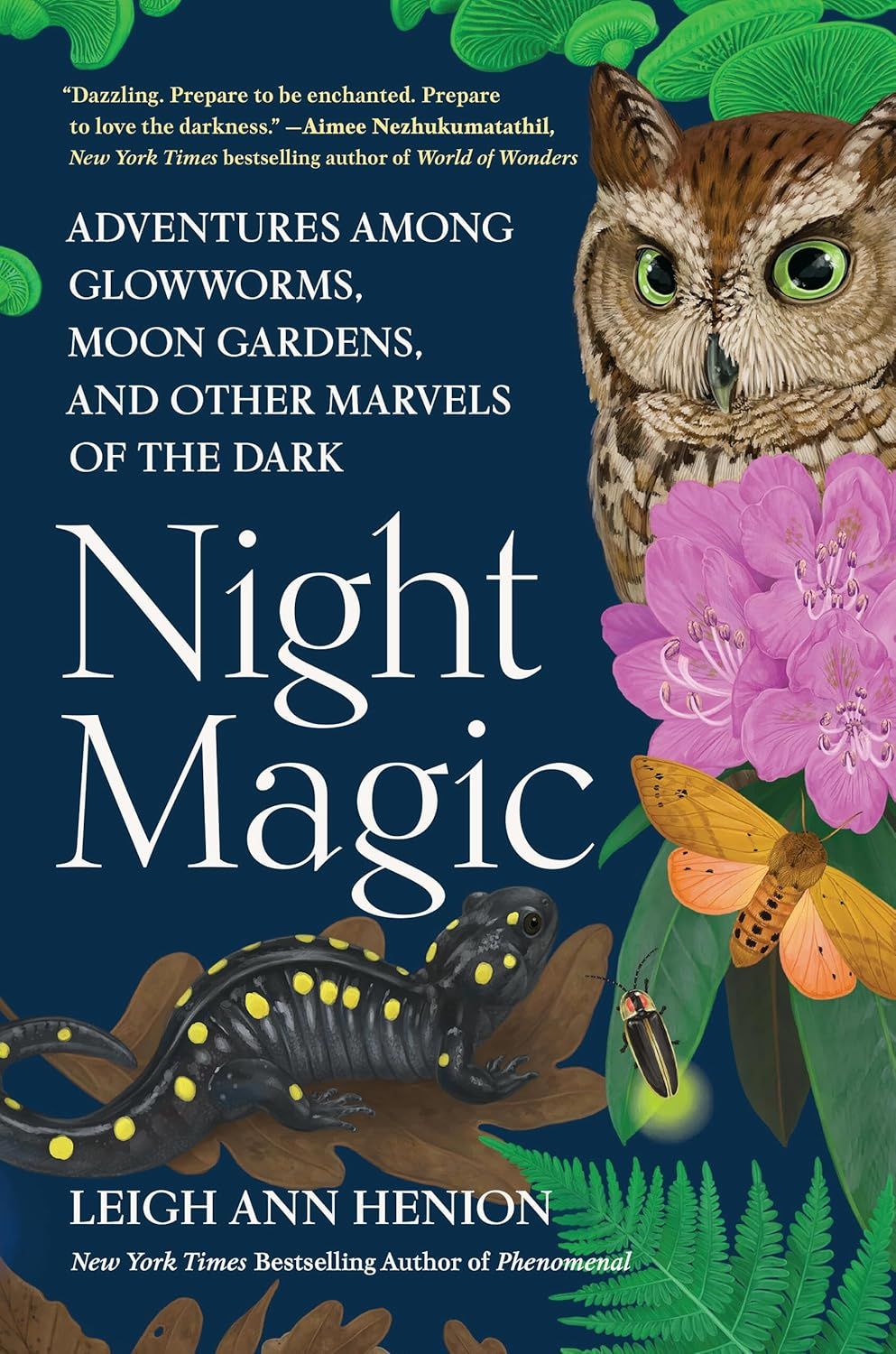 a graphic of a cover of Night Magic: Adventures Among Glowworms, Moon Gardens, and Other Marvels of the Dark by Leigh Ann Henion