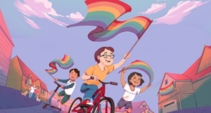 partial cover of Rainbow Allies, showing an illustration of kids waving rainbow flags