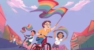 partial cover of Rainbow Allies, showing an illustration of kids waving rainbow flags