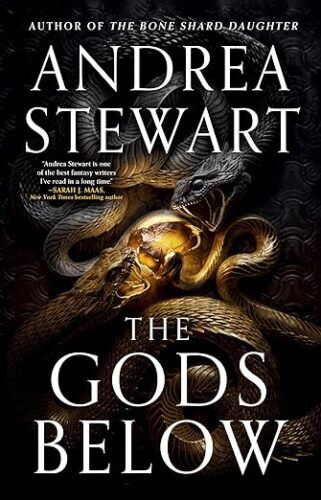 cover of The Gods Below by Andrea Stewart; sculpture of a gold snake fighting a black snake