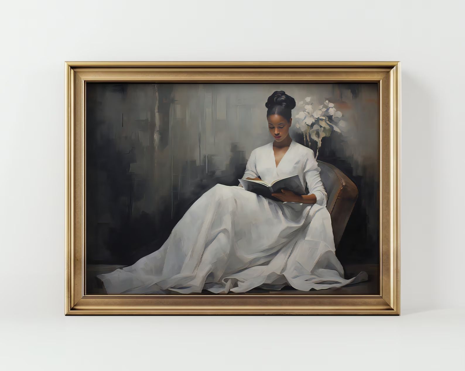 a photo of a print of a black woman wearing a long pale gown. She's sitting on a chaise and reading.