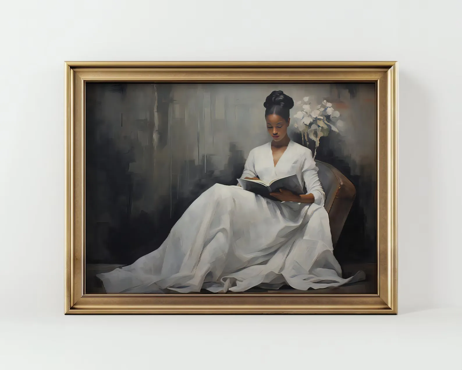 a photo of a print of a black woman wearing a long pale gown. She's sitting on a chaise and reading.