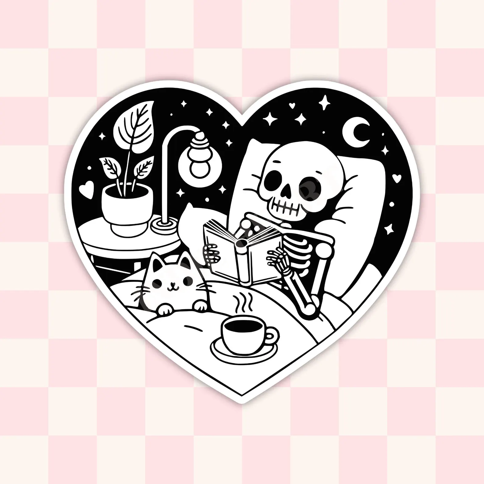 Image of a black and white sticker in the shape of a heart. It has a skeleton reading in bed with a cup of coffee and a cat. 