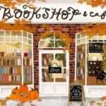 Bookshop and cafe made of bricks in the fall