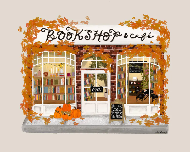 Bookshop and cafe made of bricks in the fall