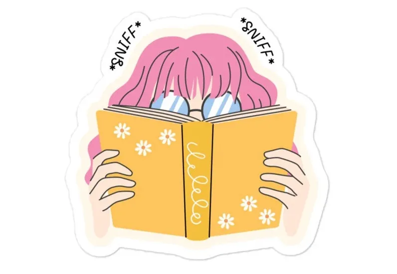a sticker of someone with their nose in a book and the text *sniff* *sniff*