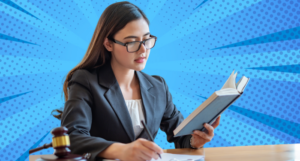 a photo of a lawyer reading with a comics background