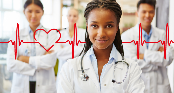 a Black woman doctor with a design of a heart monitor with a cartoon heart