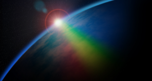 a photo of dawn from space with a rainbow effect