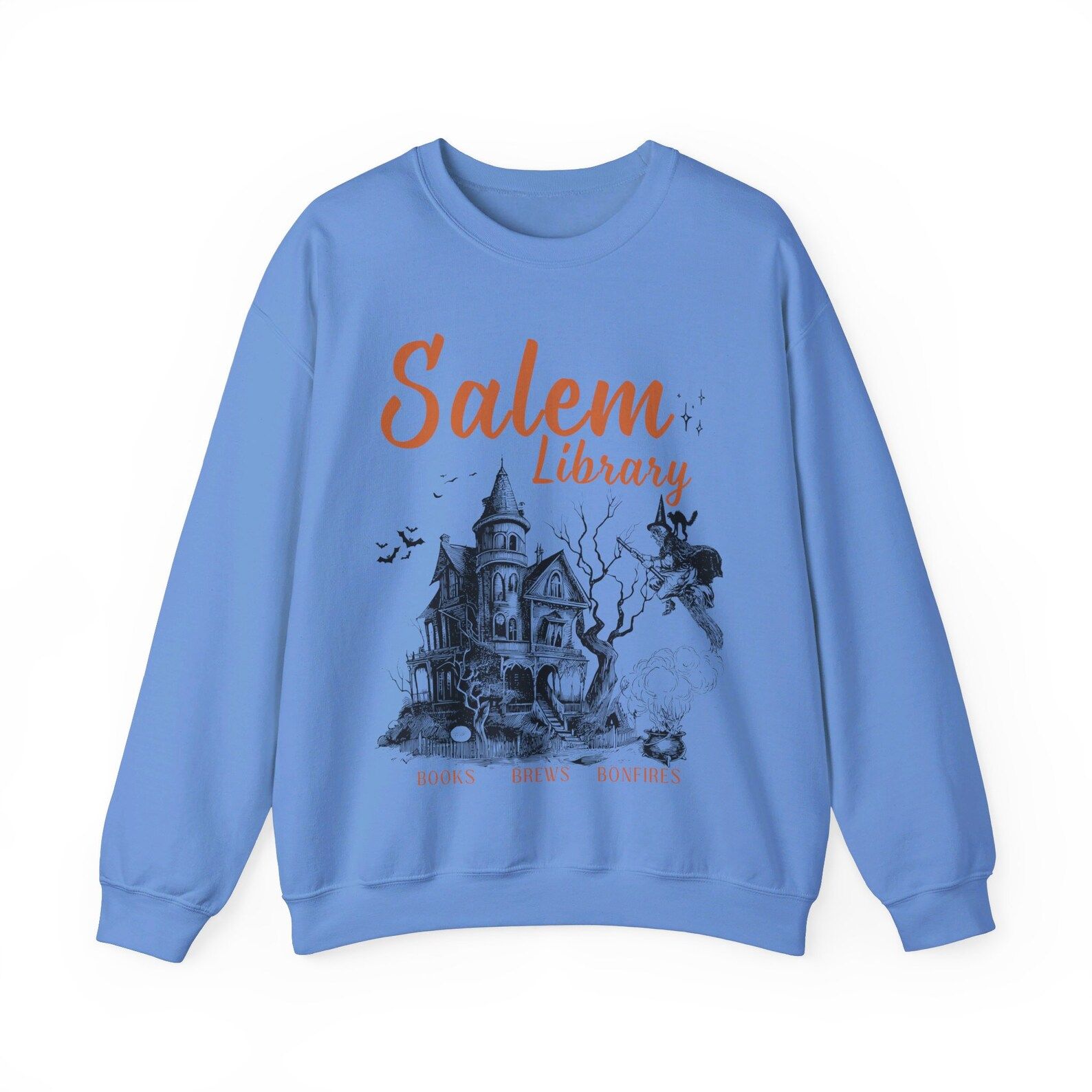 Image of a blue sweatshirt with an image of a library. In orange text it reads "Salem Library: Books, Brews, Bonfires."