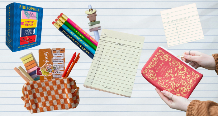 a collage of bookish school supplies